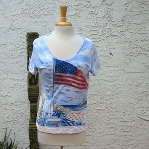 Onque Casuals Light Blue V-Neck Tee with American Flag Graphic
